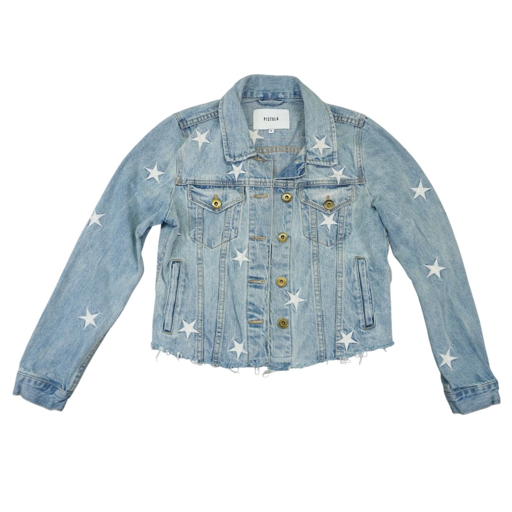 Pistola Denim Jean Jacket Women S Embroidered Star Raw Hem Cropped Trucker